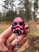 Load image into Gallery viewer, Glitter Pink Storm Trooper Inspired Swivel Badge Reel