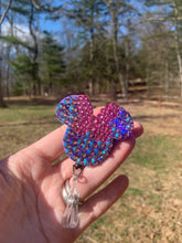 Load image into Gallery viewer, Full Crystal Iridescent Purple/Pink Mouse Inspired Swivel Badge Reel