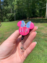 Load image into Gallery viewer, Bright Pink Scrubs Mouse with Bow Swivel Badge Reel