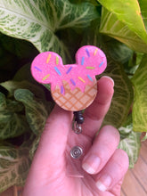 Load image into Gallery viewer, Glitter Ice Cream Mouse Inspired Swivel Badge Reel