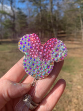 Load image into Gallery viewer, Full Crystal Iridescent/Pink Minnie Inspired Swivel Badge Reel
