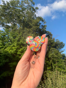 Rainbow Lollipop Mouse Head Swivel Badge Reel - Carabiner Clip