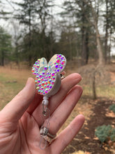 Load image into Gallery viewer, Crystal Iridescent/Broken Holo Mouse Inspired Swivel Badge Reel - White Reel