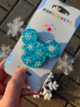 Load image into Gallery viewer, Blue Glitter Snowflake Mouse Inspired Pop Grip/ Popsocket