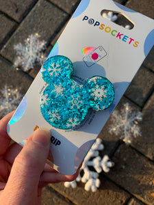 Blue Glitter Snowflake Mouse Inspired Pop Grip/ Popsocket