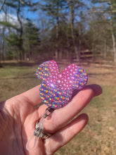 Load image into Gallery viewer, Full Crystal Iridescent Purple/Pink Mouse Inspired Swivel Badge Reel