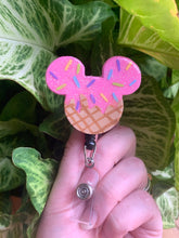 Load image into Gallery viewer, Glitter Ice Cream Mouse Inspired Swivel Badge Reel