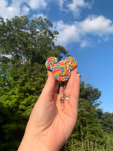 Load image into Gallery viewer, Rainbow Lollipop Mouse Head Swivel Badge Reel - Carabiner Clip