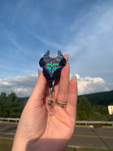 Load image into Gallery viewer, Glitter Maleficent Inspired Swivel Badge Reel