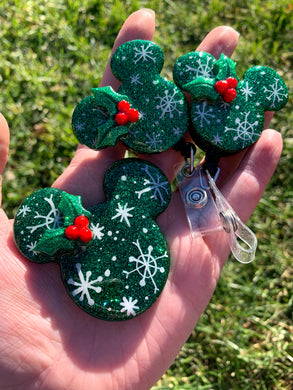 Green Glitter Holly/Snowflake Inspired Swivel Badge Reel