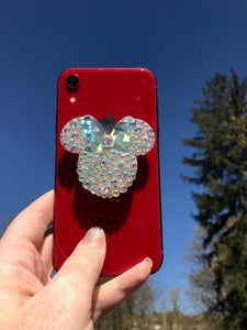 Iridescent/ Holographic "Broken Glass" Crystal Mouse with Bow Inspired Pop Grip/ Popsocket