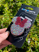 Load image into Gallery viewer, Iridescent/ Pink Crystal Mouse with Bow Inspired &quot;Pop&quot; Cell Phone Grip/ Stand