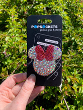 Load image into Gallery viewer, Iridescent/ Pink Crystal Mouse with Bow Inspired Pop Grip/ Popsocket