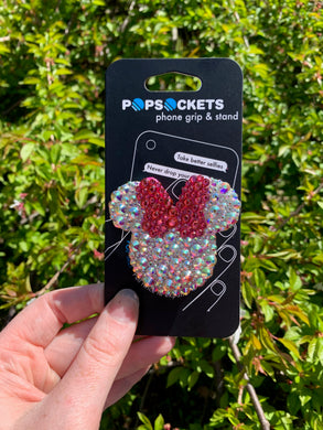 Iridescent/ Pink Crystal Mouse with Bow Inspired Pop Grip/ Popsocket