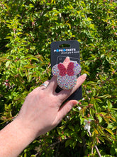 Load image into Gallery viewer, Iridescent/ Pink Crystal Mouse with Bow Inspired Pop Grip/ Popsocket