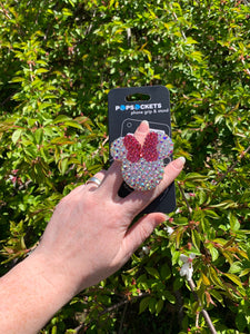 Iridescent/ Pink Crystal Mouse with Bow Inspired Pop Grip/ Popsocket