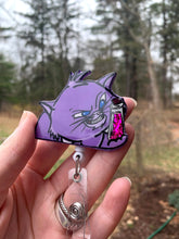 Load image into Gallery viewer, Cat Yzma with Glitter Potion Bottle Inspired Swivel Badge Reel