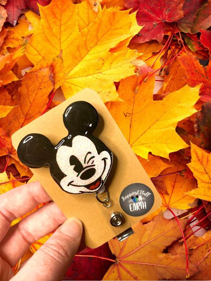 Glitter Wink Mouse Inspired Swivel Badge Reel