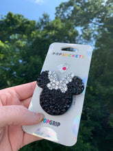 Load image into Gallery viewer, Black/Clear Crystal Mouse with Bow Inspired Pop Grip/ Popsocket