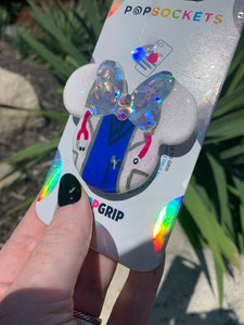 Broken Holo Bow/Royal Blue Scrub Nurse Mouse Inspired Pop Grip/ Popsocket