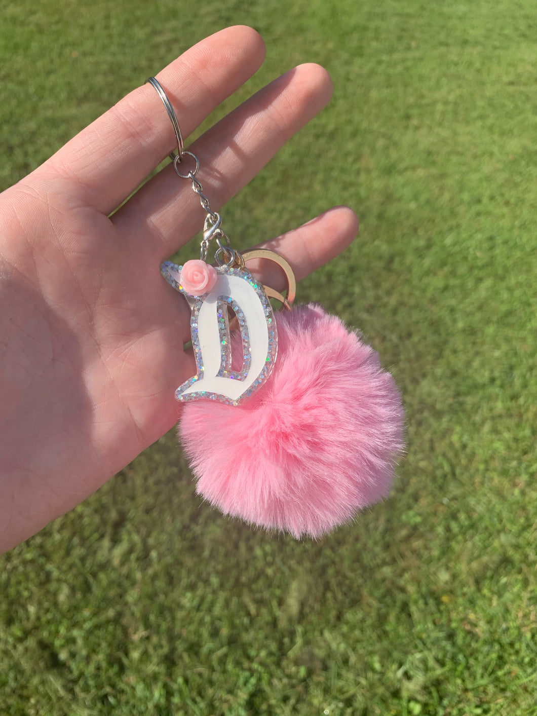 Holographic Glitter “D” Pastel Pink Pom-Pom Keychain - Light Pink Rose Dangle