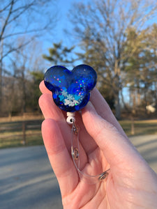 Blue Glitter Snow Mouse Inspired “Shaker” Swivel Badge Reel - Glitter/Snow Waterfall