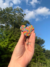 Load image into Gallery viewer, Rainbow Lollipop Mouse Head Swivel Badge Reel