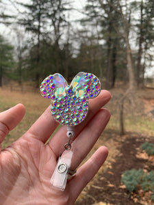 Crystal Iridescent/Broken Holo Mouse Inspired Swivel Badge Reel - White Reel