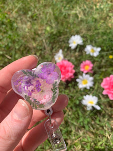 Pink/Purple Pressed Flower Mouse Inspired “Shaker” Swivel Badge Reel