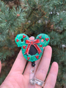 Glitter/Crystal Mouse Wreath Inspired Swivel Badge Reel