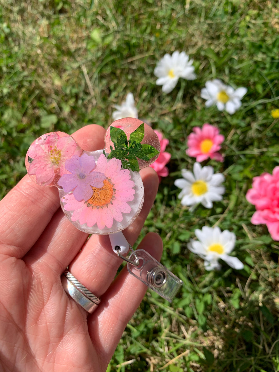 Pink/ Purple Pressed Flower Mouse Swivel Badge Reel