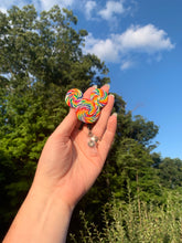 Load image into Gallery viewer, Rainbow Lollipop Mouse Head Swivel Badge Reel