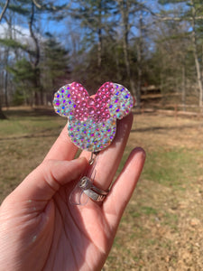 Full Crystal Iridescent/Pink Minnie Inspired Swivel Badge Reel