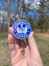 Load image into Gallery viewer, Holo Coffee Mouse Inspired Swivel Badge Reel