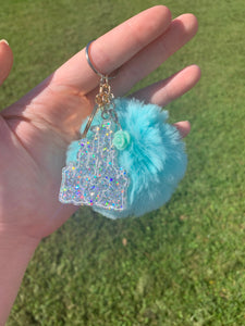 Holographic Glitter Mouse Castle Pastel Blue Pom-Pom Keychain - Light Blue Rose Dangle