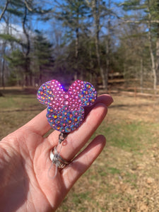 Full Crystal Iridescent Purple/Pink Mouse Inspired Swivel Badge Reel