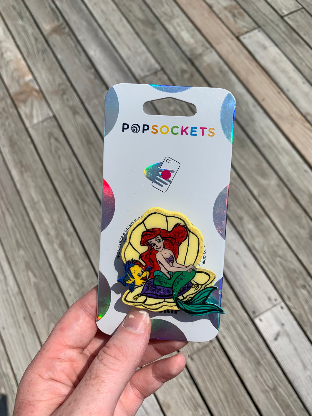 Glitter Ariel and Flounder in Clam Inspired Pop Grip/ Popsocket